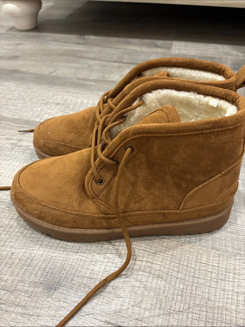 White Mountain Mens Brown Suede Lace-Up Faux Fur Lined Boots